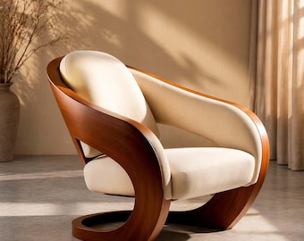 Sculptural Walnut Lounge Chair, Mid Century Curved Armchair, Cream Upholstered Accent Furniture