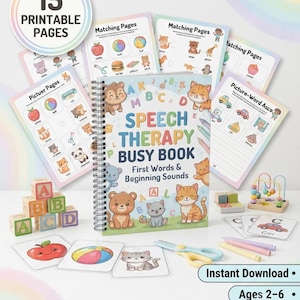 Puede incluir: Un libro de actividades en espiral con el texto Speech Therapy Busy Book First Words & Beginning Sounds, rodeado de 15 páginas imprimibles, bloques de alfabeto de madera, un laberinto de cuentas, tarjetas con manzana, pelota y gato, y tijeras.