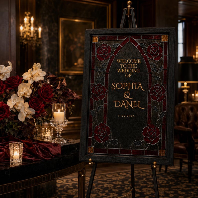 Personalized Gothic Stained Glass Wedding Welcome Sign, Burgundy Rose ...