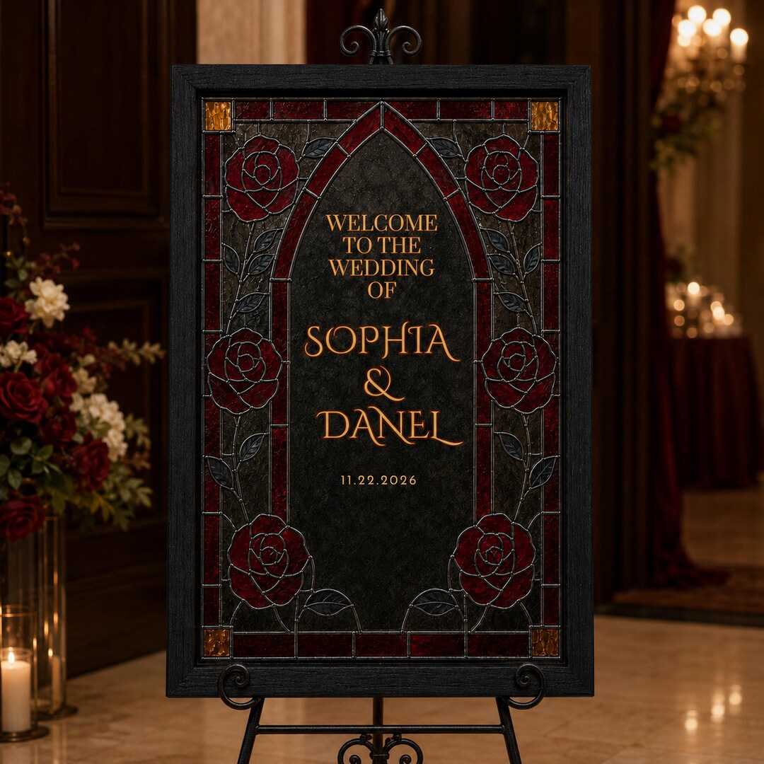 Personalized Gothic Stained Glass Wedding Welcome Sign, Burgundy Rose ...