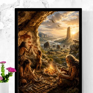 Pode incluir: Uma impressão de arte de parede emoldurada retratando uma cena pré-histórica dentro de uma caverna com pessoas reunidas em torno de uma fogueira. A obra mostra indivíduos pintando nas paredes, criando ferramentas e uma paisagem.