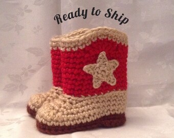 Baby Cowboy Booties Ready to ship Red and Tan Crochet baby cowboy booties 3 to 6 month boots