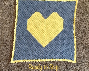 Baby Afghan Heart Yellow and Gray Grey Lapghan Ready to Ship Blanket