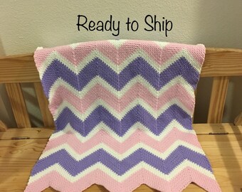 Baby Afghan Pink Purple and White Lapghan Ready to Ship Blanket