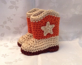 Baby Cowboy Boots, Orange and Tan Crochet baby cowboy booties, Made to Order, Baby Boy Booties, Baby Girl Booties, Infant Booties