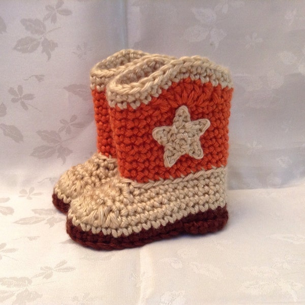 Baby Cowboy Boots, Orange and Tan Crochet baby cowboy booties, Made to Order, Baby Boy Booties, Baby Girl Booties, Infant Booties