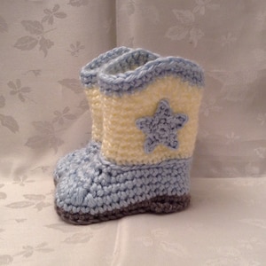 Crochet Baby Cowboy Booties Blue and Off White boots Made to Order Baby Boy Booties Infant Booties Gender Reveal