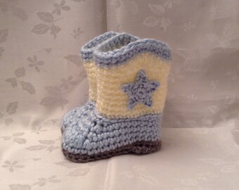 Crochet Baby Cowboy Booties Blue and Off White boots Made to Order Baby Boy Booties Infant Booties Gender Reveal