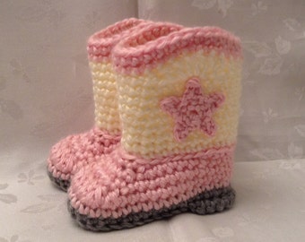 Cowboy Booties for Baby Pink and Off White Crochet Boots Baby Girl Booties Infant Booties Gender Reveal