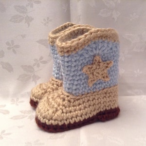 Baby Cowboy Boots Blue and Tan Crochet  boots Made to Order Baby Boy Booties Infant Booties Gender Reveal