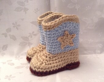 Baby Cowboy Boots Blue and Tan Crochet  boots Made to Order Baby Boy Booties Infant Booties Gender Reveal