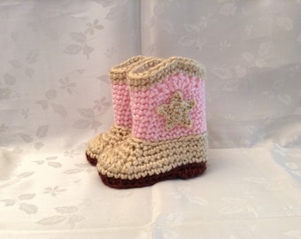 Baby Cowboy Booties Boots Pink and Tan Crochet Made to Order Baby Cowgirl Boots Baby Girl Booties Infant Booties Gender Reveal