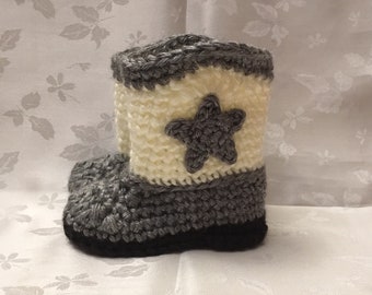 Baby Cowboy Booties Boots Gray and Off White Crochet Made to Order Infant Booties