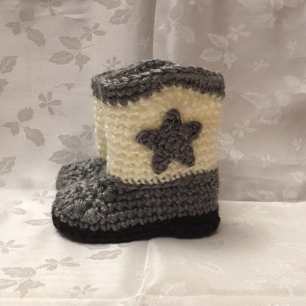 Baby Cowboy Booties Boots Gray and Off White Crochet Made to Order Infant Booties