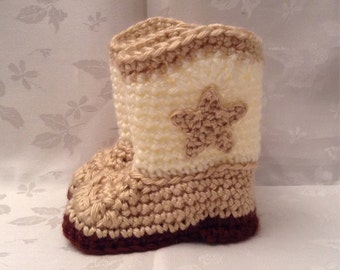 Baby Cowboy Booties Cowgirl Boots Tan and Off white Crochet Pregancy Reveal Announcement Infant Booties