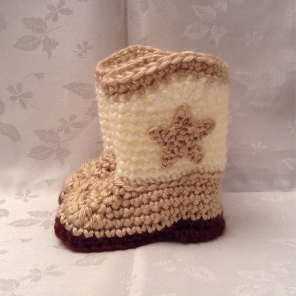Baby Cowboy Booties Cowgirl Boots Tan and Off white Crochet Pregancy Reveal Announcement Infant Booties