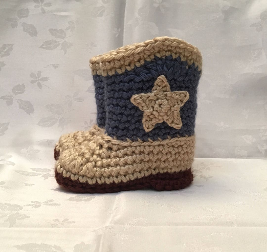 Blue and Tan Crochet Baby Cowboy Booties Boots Made to Order Baby Boy