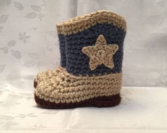 Blue and Tan Crochet baby cowboy booties boots Made to Order Baby Boy Booties Infant Booties Gender Reveal