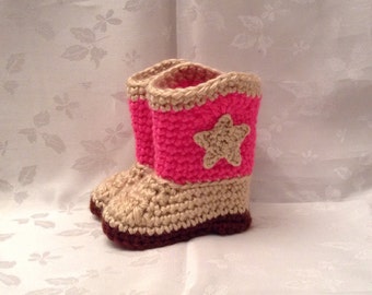 Crochet Baby Cowboy Booties Pink and Tan boots Made to Order Baby Cowgirl Boots Baby Girl Booties Infant Booties