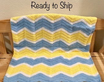 Baby Afghan Blue White Yellow Child Lapghan Ready to Ship Blanket