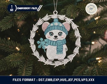 Lace Mouse Christmas Ornament Embroidery Design, 3D FSL Winter Decor (Digital Download)