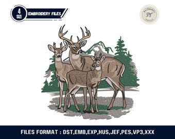 Diseño de bordado de pareja de ciervos, escena de vida silvestre en la montaña, patrón de ciervos de caza al aire libre, archivo de bordado a máquina de silueta de alce