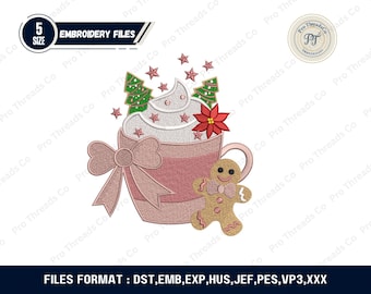 Diseño de bordado para taza navideña: Hombre de jengibre y bastón de caramelo (Descarga digital)