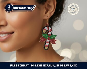 FSL kerst candy cane borduurontwerp • vrijstaand ornament kantpatroon • machineborduuroorbellen • 3 maten FSL kerstontwerp