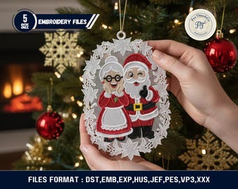 Diseño de bordado a máquina de adornos navideños de Papá Noel y la Sra. Claus de FSL, archivo de adornos navideños de encaje independientes, decoración navideña en bastidor
