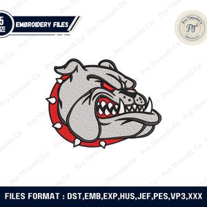 May include: A gray bulldog head with red eyes and a red collar with white spikes. The image includes the text "EMBROIDERY FILES" and "5 SIZE". The file formats are listed as DST, EMB, EXP, HUS, JEF, PES, VP3, and XXX.