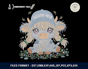 Hot Mess Highland Cow Embroidery Design, Funny Farm Animal Stitch File (Instant Download)