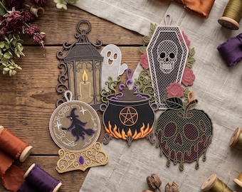 Halloween FSL Embroidery Ornament Bundle, Freestanding Lace Machine Embroidery Designs, Coffin Roses, Poison Apple, Crystal Ball
