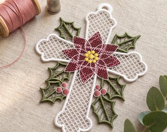 FSL Poinsettia Cross Ornament Machine Embroidery Design, Christmas Lace Cross, Christian Ornament, Religious Decor Digital File