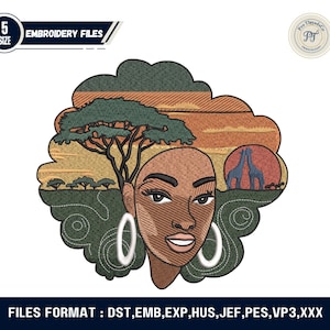 May include: An embroidery design featuring a stylized portrait of a woman with an afro, large hoop earrings, and a landscape background with giraffes and trees. The design includes the text "EMBROIDERY FILES" and "5 SIZE". The file formats are listed at the bottom.