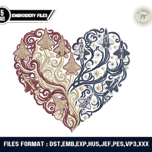May include: An embroidery design featuring a heart divided into two halves. One side is burgundy with gold fighter jets, the other is navy with silver jets. The design includes the text "EMBROIDERY FILES" and "5 SIZE". The file formats are listed at the bottom.