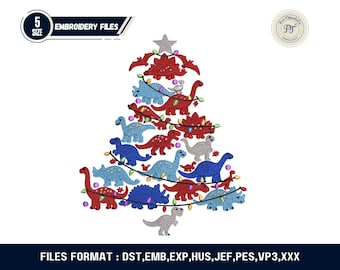 Christmas Dinosaur Embroidery Design | Dino Tree Lights (Instant Download)