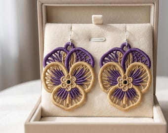 FSL Pansy Flower Embroidery Design, Lace Earrings, Floral Jewelry Pendant (Digital Download)