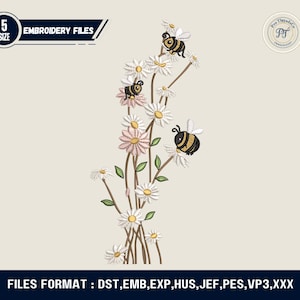 Puede incluir: Un diseño de bordado con margaritas y flores rosas con abejas de dibujos animados. El diseño incluye el texto "EMBROIDERY FILES" y "5 SIZE". Los formatos de archivo son DST, EMB, EXP, HUS, JEF, PES, VP3 y XXX.