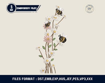 Bee and Daisy Embroidery Design, Floral Honeybee Pattern (Digital File)