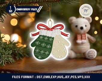 FSL Christmas Mitten Ornament, Crochet Look Embroidery Design (Digital Download)