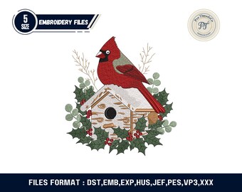 Christmas Cardinal Embroidery Design, Winter Bird Pattern (Digital Download)