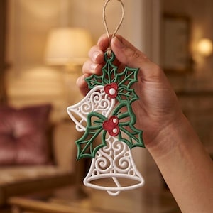 May include: A white embroidered bell ornament featuring intricate swirling patterns, accented with green holly leaves and red berries. The festive decoration is suspended by a thin tan twine loop, showcasing detailed needlework and embroidery.