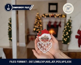 Diseño de bordado de adorno navideño de encaje de la Sra. Claus para bastidor de 5x7 pulgadas | Descarga instantánea de adorno navideño de encaje FSL en formato PES y más