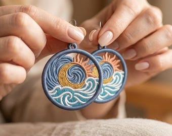 FSL Sunset Earrings Embroidery Design, Beach Wave Lace Jewelry (Digital Download)