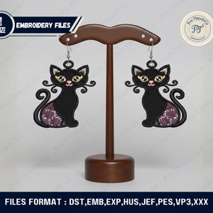 Black Cat FSL Earrings Embroidery Design | Halloween Lace Earrings Machine Embroidery Pattern | 4x4 Hoop Instant Download
