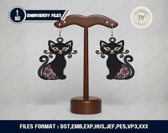 Black Cat FSL Earrings Embroidery Design | Halloween Lace Earrings Machine Embroidery Pattern | 4x4 Hoop Instant Download