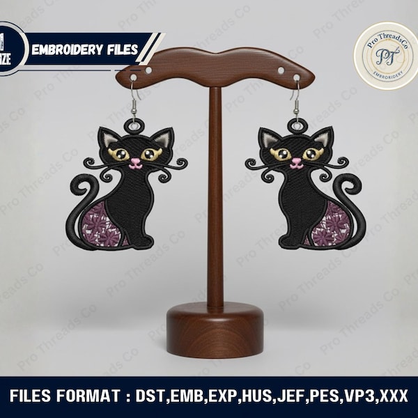 Black Cat FSL Earrings Embroidery Design | Halloween Lace Earrings Machine Embroidery Pattern | 4x4 Hoop Instant Download