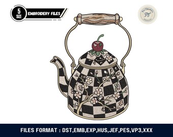 Whimsical Teapot Embroidery Design, Checkered Kitchen Applique Pattern (Digital Download)