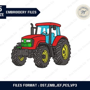May include: A red, blue, and green tractor illustration. The tractor has large black tires with yellow rims. The image includes the text "5 SIZE EMBROIDERY FILES" and "FILES FORMAT: DST, EMB, JEF, PES, VP3".