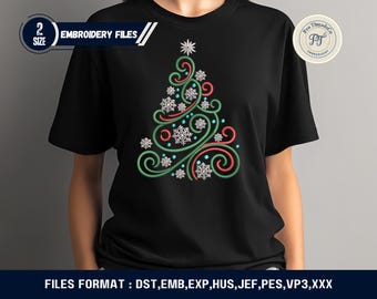 Diseño de bordado de árbol de Navidad en espiral / Bordado a máquina navideño (2 tamaños)